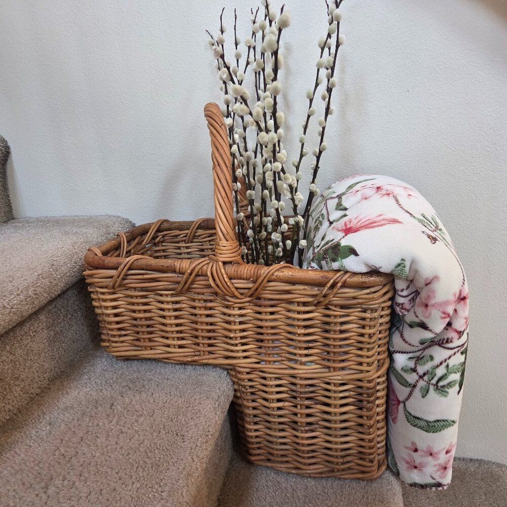 Heritage Stair Step Rattan Basket Hand Woven Wicker Rustic Cottage VTG Country
